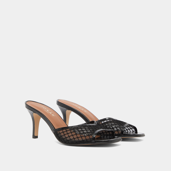 Jonak Heeled Mules In Black Shiny Leather And Black Mesh VOILE