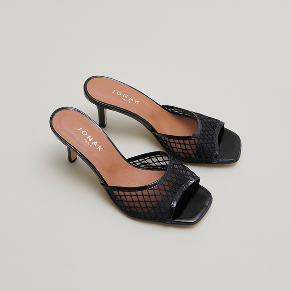 jonak Heeled mules in black shiny leather and black mesh VOILE
