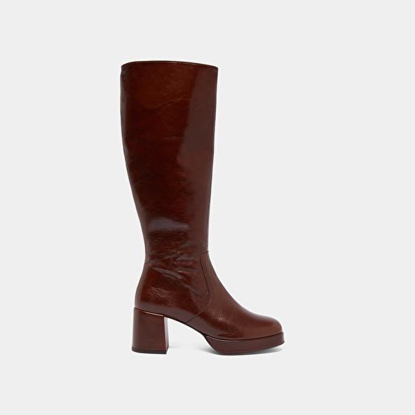 Jonak Heeled Platform Boots In Brown Distressed Leather VANEO