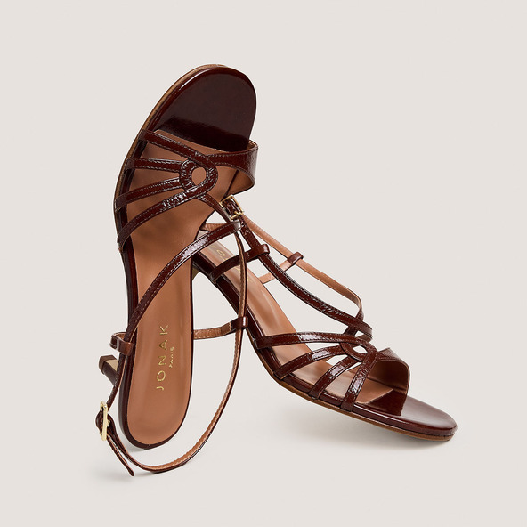 Jonak Heeled Sandals In Brown Shiny Leather DISTRAITE