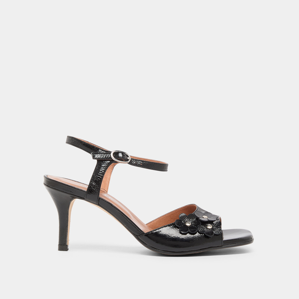 Jonak Heeled Sandals With Flowers In Black Shiny Leather VAVA