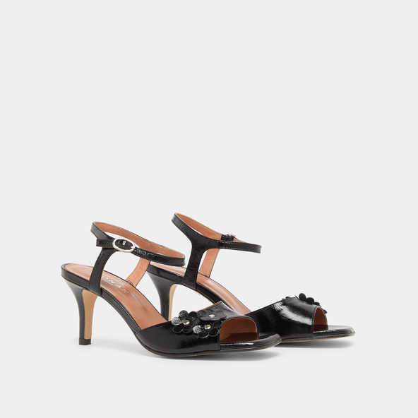 Jonak Heeled Sandals With Flowers In Black Shiny Leather VAVA