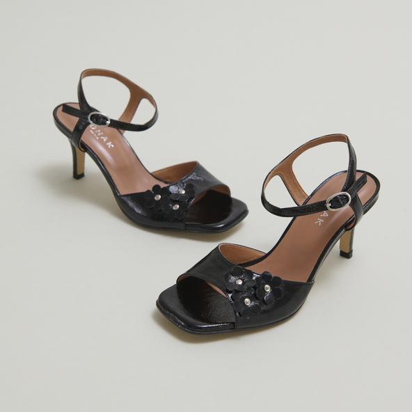 jonak Heeled sandals with flowers in black shiny leather VAVA