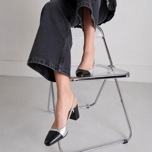 Jonak Heeled Slingbacks In Black And Silver Leather DHAPOP