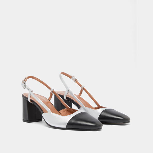 Jonak Heeled Slingbacks In Black And Silver Leather DHAPOP