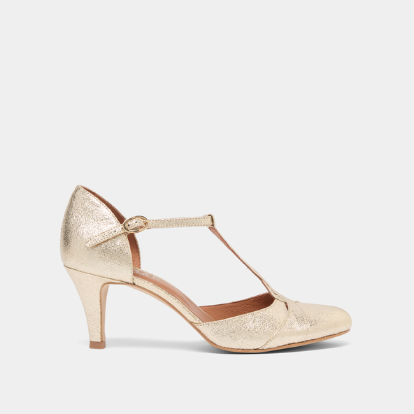 Jonak Heeled T-bar With Adjustable Buckles In Platinum Metallic Synthe VERMEIL