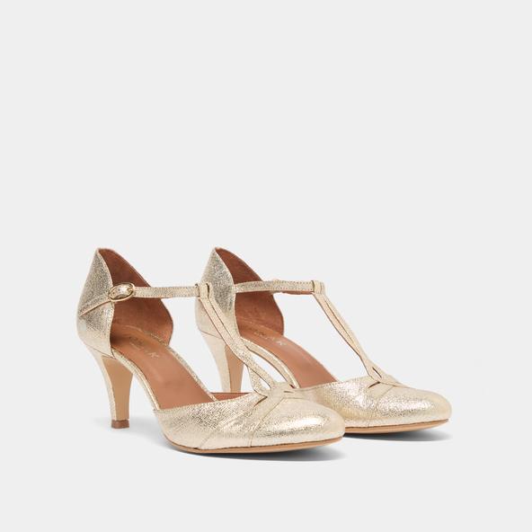 Jonak Heeled T-bar With Adjustable Buckles In Platinum Metallic Synthe VERMEIL