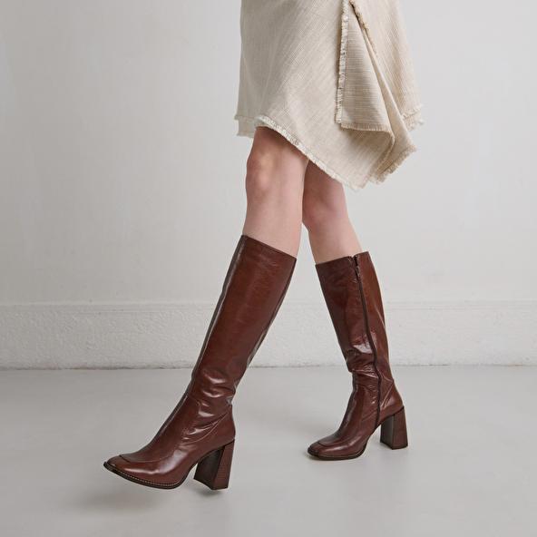 Jonak High Boots With Square Toes In Brown Leather VAUBANE