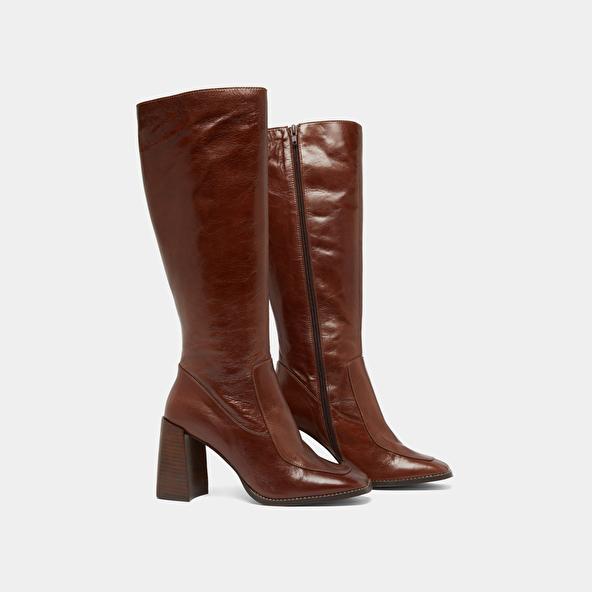 Jonak High Boots With Square Toes In Brown Leather VAUBANE
