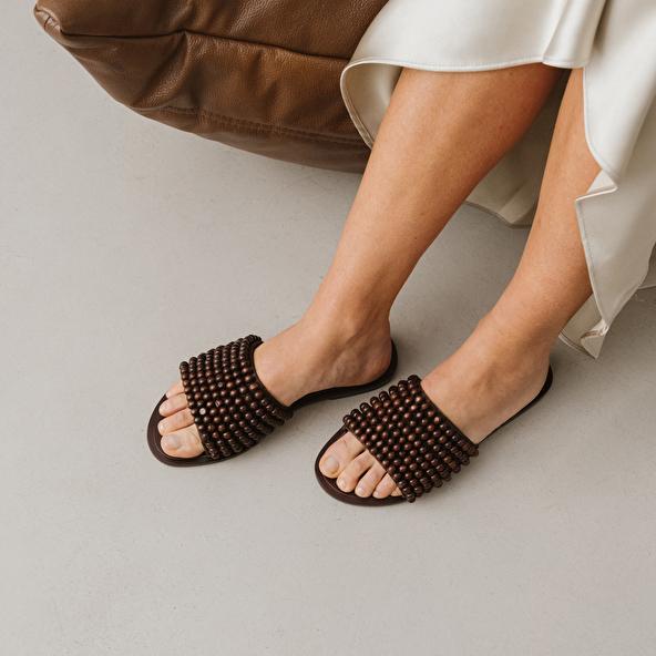jonak Flat mules with pearls in brown leather WALK
