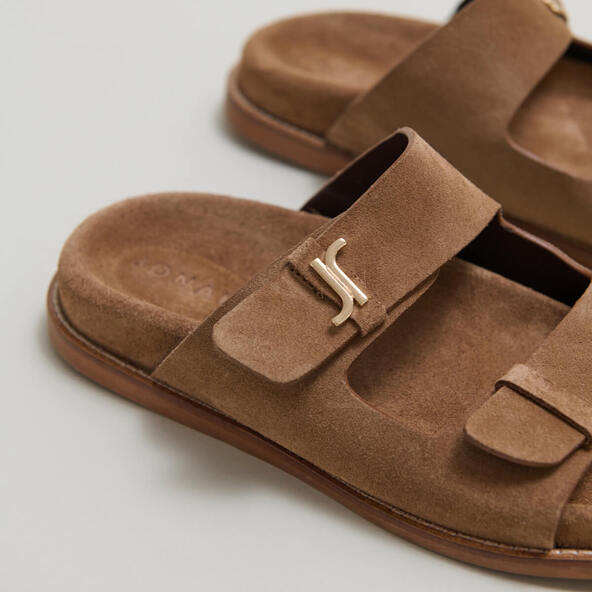 Jonak Monogrammed Sandals In Taupe Suede LIVIA