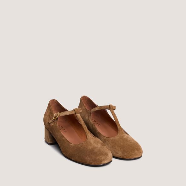 Jonak T-strap Kitten Heels In Cognac Suede DALOME