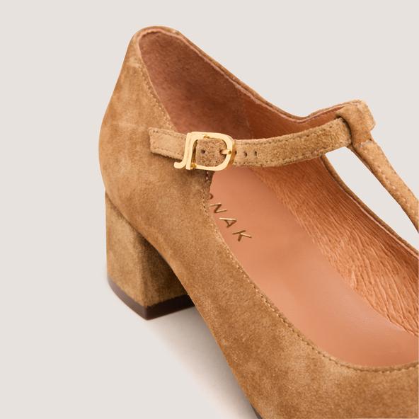 Jonak T-strap Kitten Heels In Cognac Suede DALOME