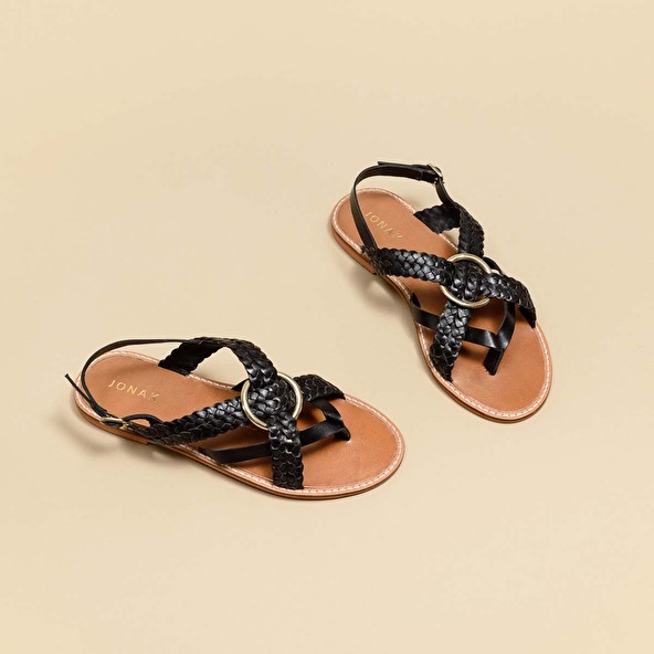 jonak Woven flat sandals in black leather WOOD