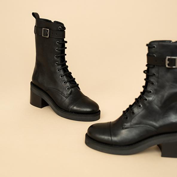 jonak Lace-up boots heels and silver detail in black greased leather ACONIT