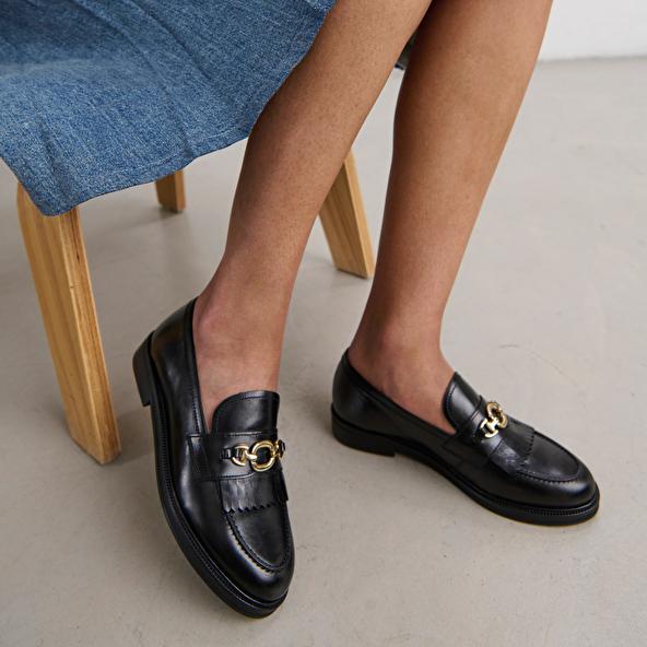Jonak Loafers With Gold Buckles In Black Leather DELPHES