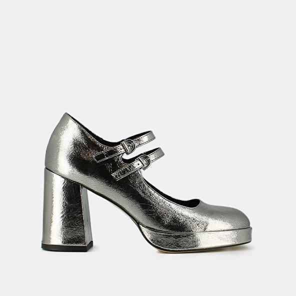 Jonak Mary Jane With Double Straps And Platforms In Dark Silver Metallic Leather VERITE
