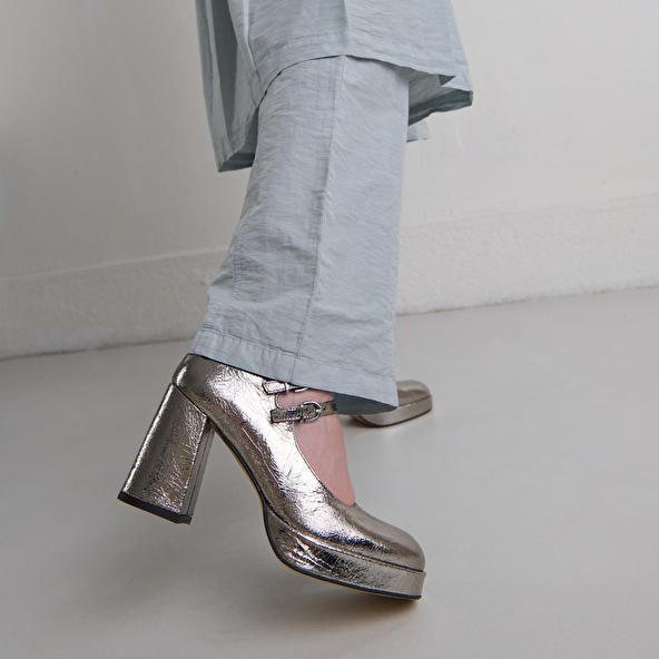 Jonak Mary Jane With Double Straps And Platforms In Dark Silver Metallic Leather VERITE