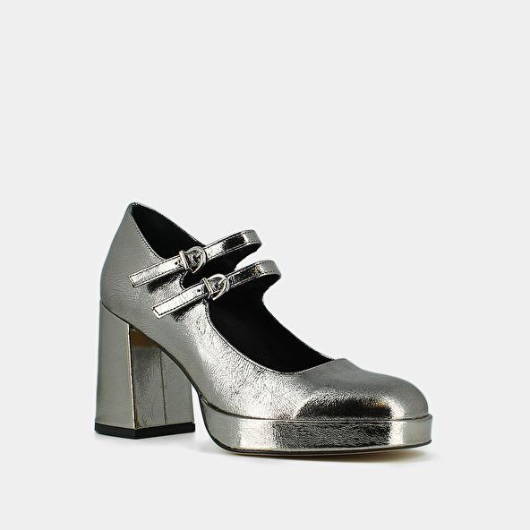 Jonak Mary Jane With Double Straps And Platforms In Dark Silver Metallic Leather VERITE