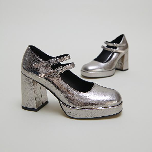 jonak Mary Jane with double straps and platforms in dark silver metallic leather VERITE