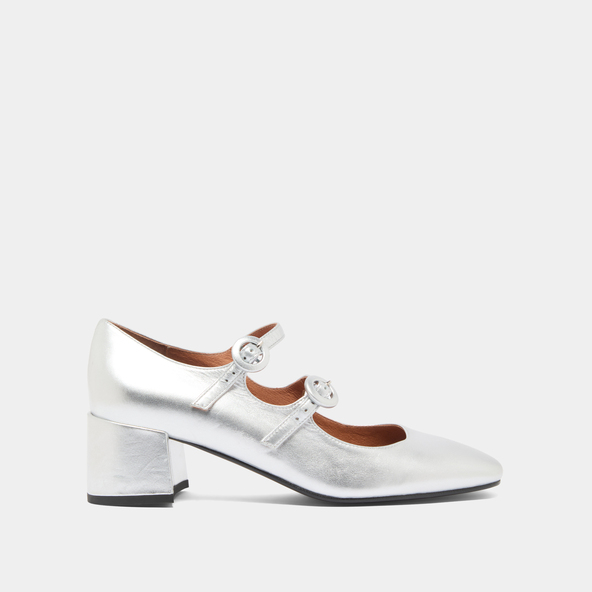 Jonak Mary Janes With Double Straps And Rounded Toes In Silver Metallic Leather DELOU