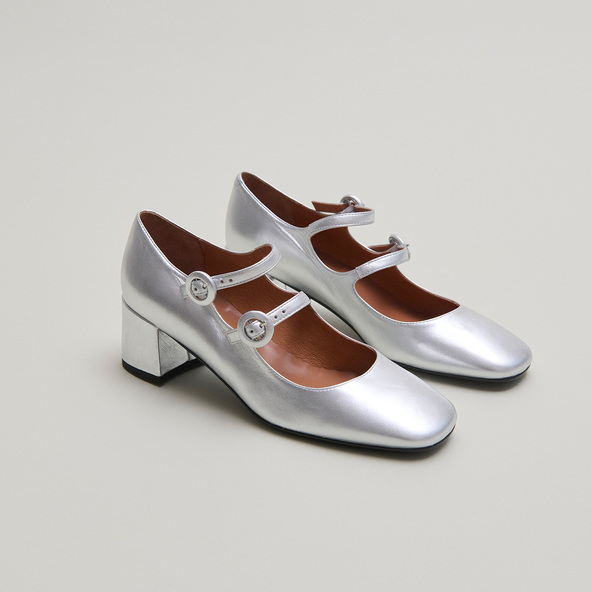 Jonak Mary Janes With Double Straps And Rounded Toes In Silver Metallic Leather DELOU