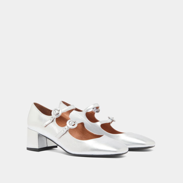 Jonak Mary Janes With Double Straps And Rounded Toes In Silver Metallic Leather DELOU