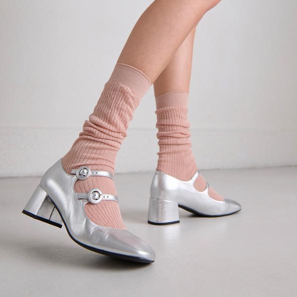 jonak Mary Janes with double straps and rounded toes in silver metallic leather DELOU