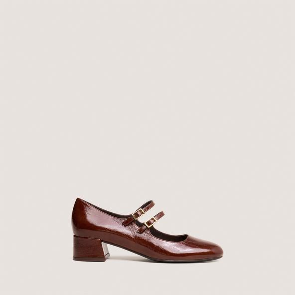 Jonak Mary Janes With Double Straps In Shiny Brown Leather DUNY