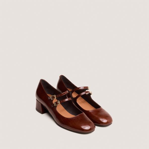 Jonak Mary Janes With Double Straps In Shiny Brown Leather DUNY