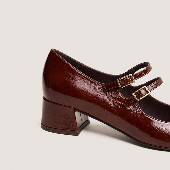 Jonak Mary Janes With Double Straps In Shiny Brown Leather DUNY