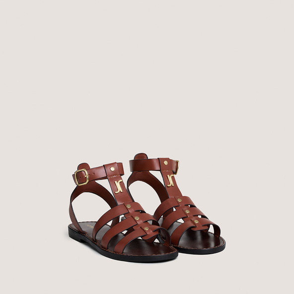 Jonak Monogrammed Sandals With Adjustable Buckles In Cognac Leather WAN
