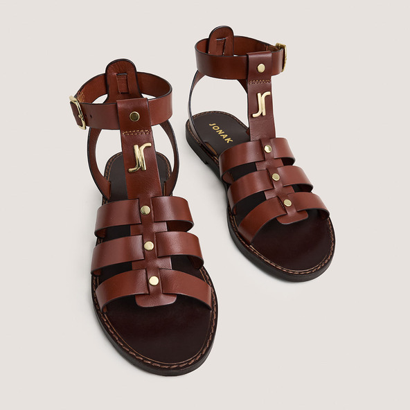 Jonak Monogrammed Sandals With Adjustable Buckles In Cognac Leather WAN