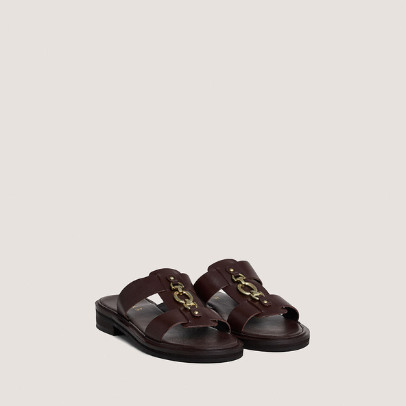 Jonak Mules With Golden Bits In Dark Brown Leather DOP