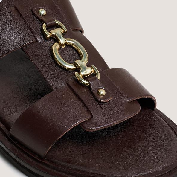 Jonak Mules With Golden Bits In Dark Brown Leather DOP