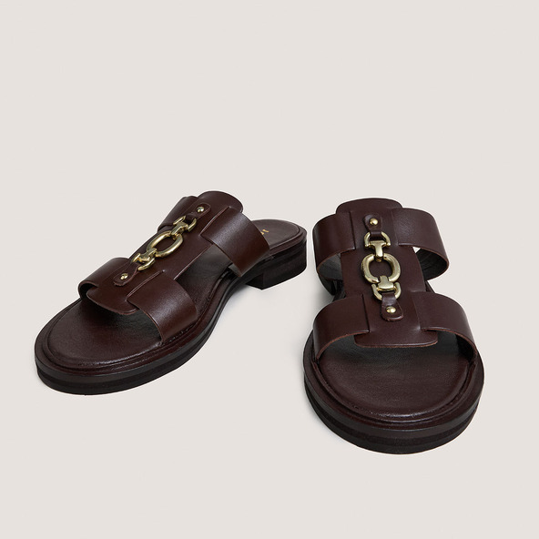 Jonak Mules With Golden Bits In Dark Brown Leather DOP