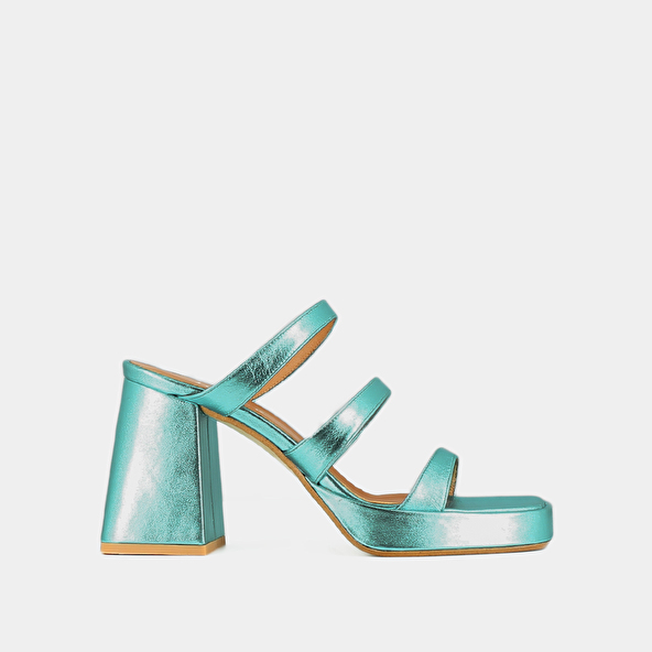 Jonak Mules With Straps And Square Toes In Turquoise Metallic Leather DONZELLE