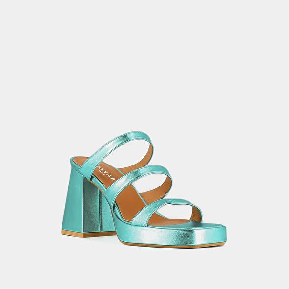 Jonak Mules With Straps And Square Toes In Turquoise Metallic Leather DONZELLE