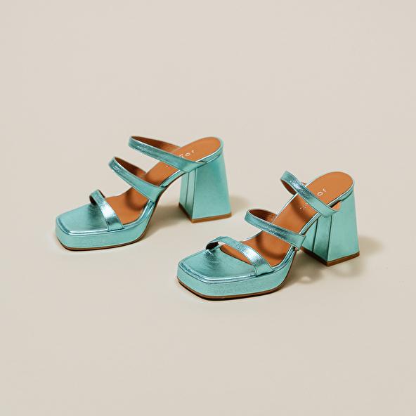 jonak Mules with straps and square toes in turquoise metallic leather DONZELLE