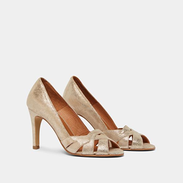 Jonak Open Heels With Crossed Straps In Laminated Platinum Velvet DALBY