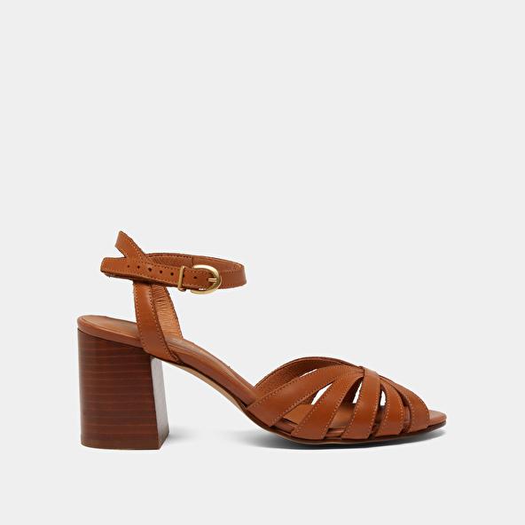 Jonak Open Toe Pumps With Strap In Camel Leather DEBACQ