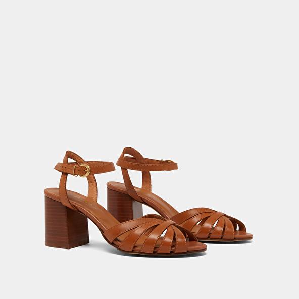 Jonak Open Toe Pumps With Strap In Camel Leather DEBACQ