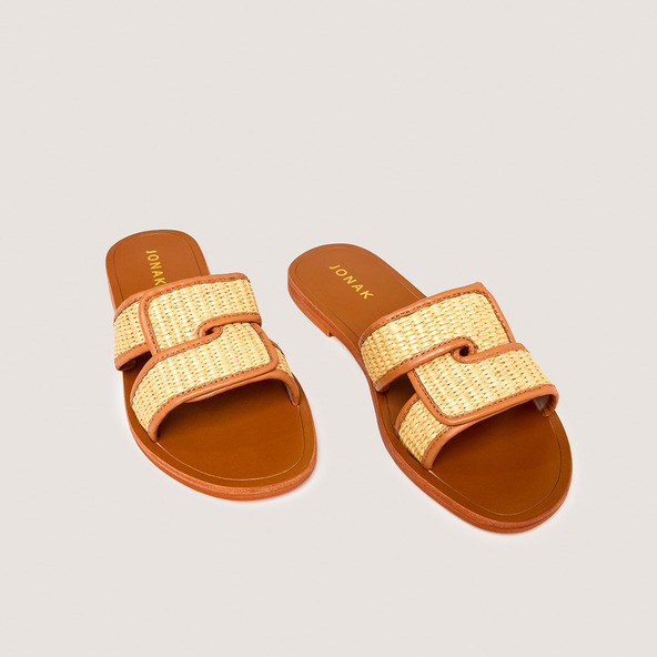 Jonak Plagettes With Wide Straps In Beige Raffia And Camel Leather WAVA