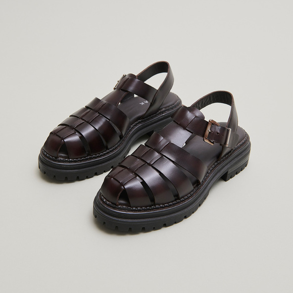 Jonak Platform Sandals With Wide Straps En Cuir Brun Rouge ABRAHAM