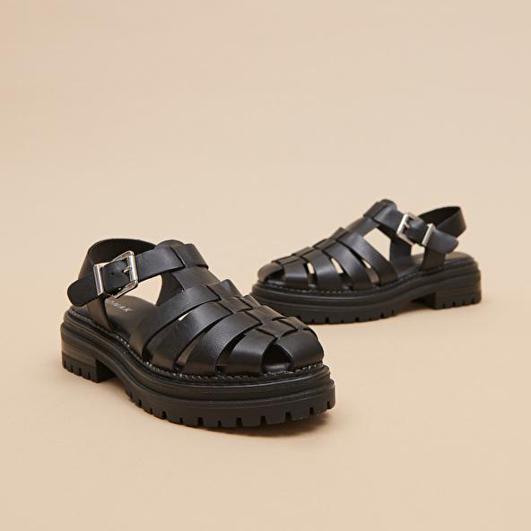 Jonak Platform Sandals With Wide Straps In Black Leather ABRAHAM