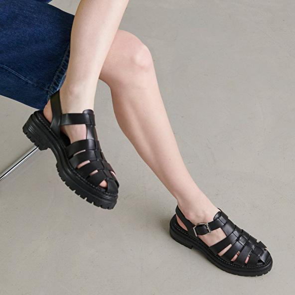 jonak Platform sandals with wide straps in black leather ABRAHAM
