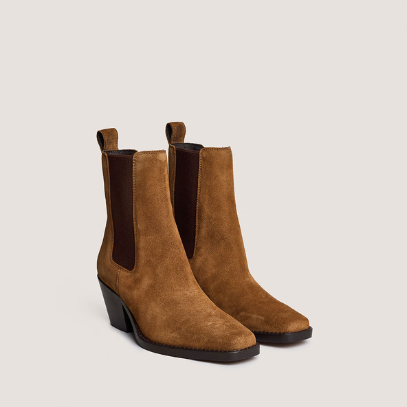 Jonak Pointed-Toe Booties With Beveled Heels In Cognac Split Leather BOA