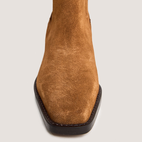 Jonak Pointed-Toe Booties With Beveled Heels In Cognac Split Leather BOA