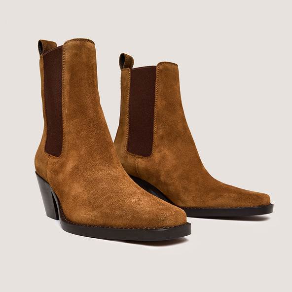 Jonak Pointed-Toe Booties With Beveled Heels In Cognac Split Leather BOA