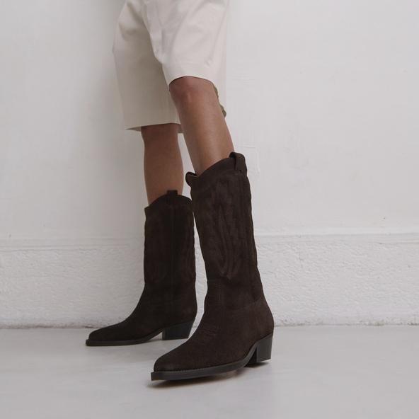 Jonak Pointed-toe Boots With Visible Stitching In Dark Brown Suede DELEA